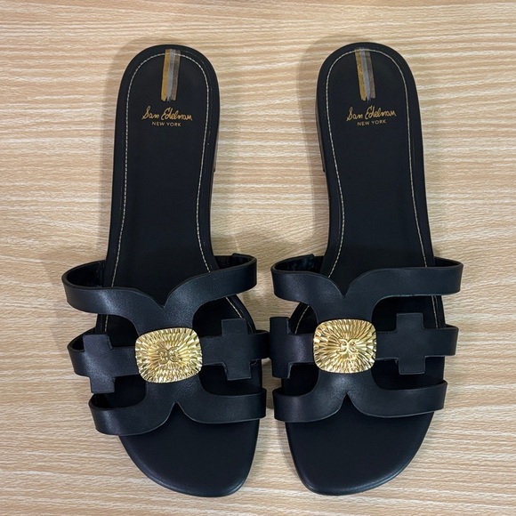 Sam Edelman Shoes - Sam Edelman Black Cutout Medallion Slide Sandals Gold Accent Size 8.5